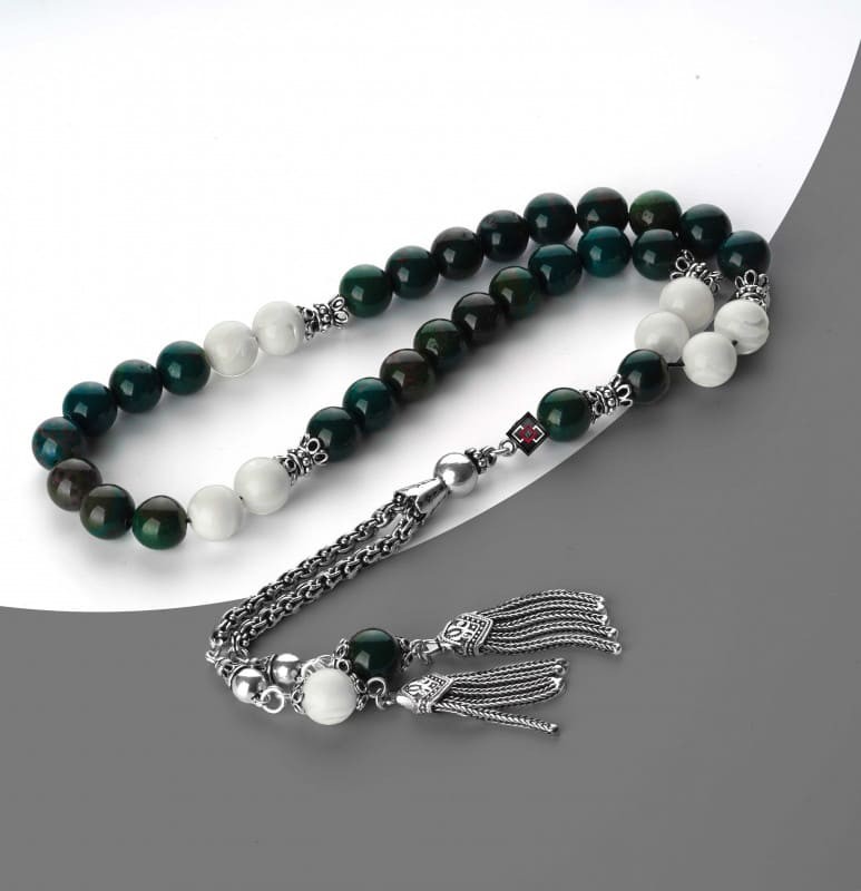 مسباح فضة فيفا سلفر حجر الصدف + حجر الدم الاخضر