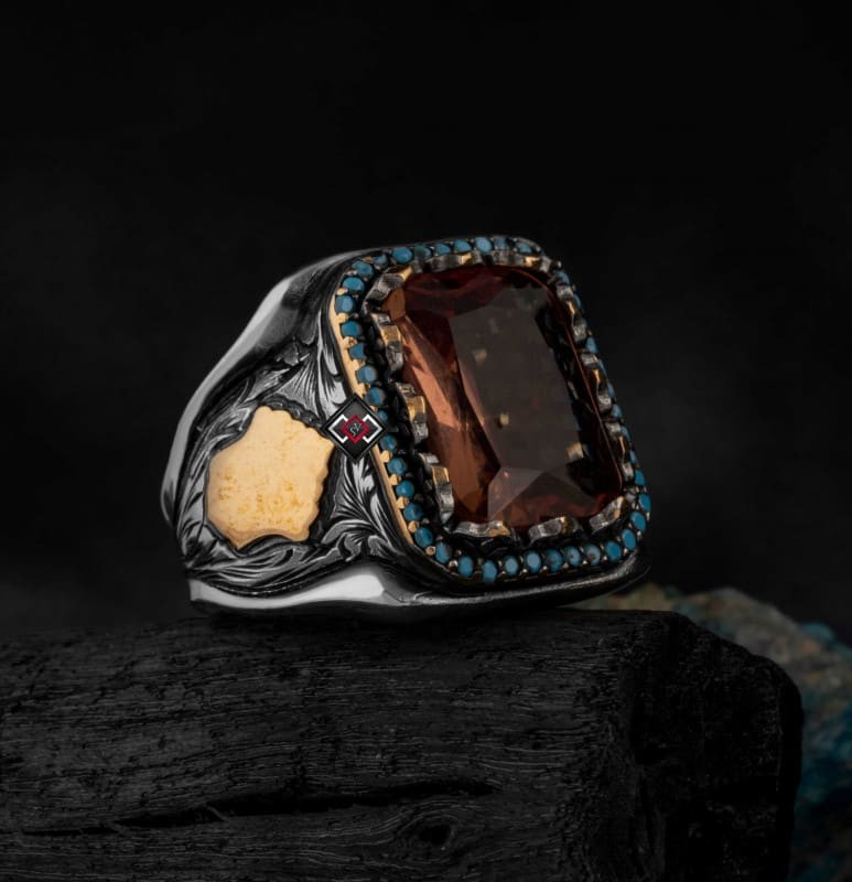 خاتم فضة فيفا سلفر حجر سلطانيت الذهبي